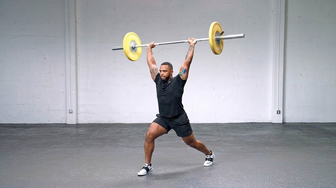 Man lifting a barbell overhead in a wide split stance during a snatch.