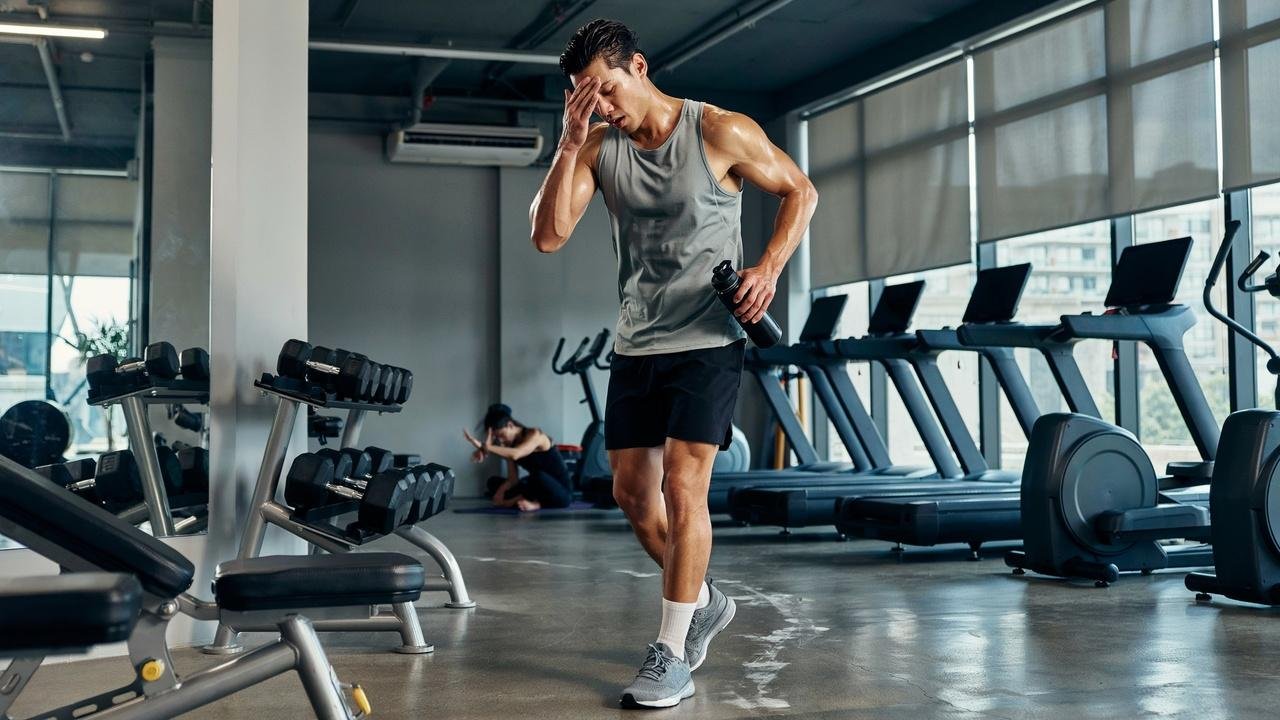 Person taking a break after feeling lightheaded during a gym workout while holding a water bottle.