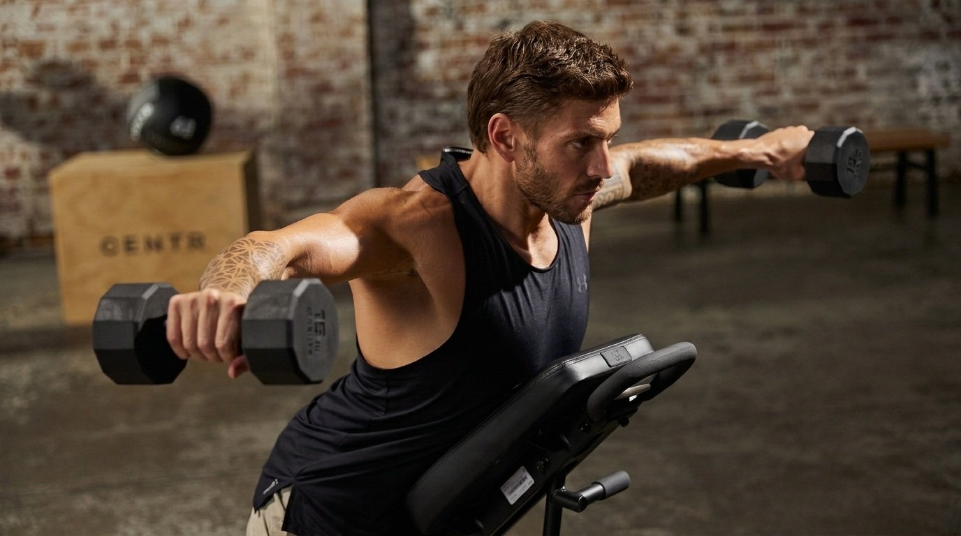 Athlete performing a dumbbell back exercise to build strength and muscle.