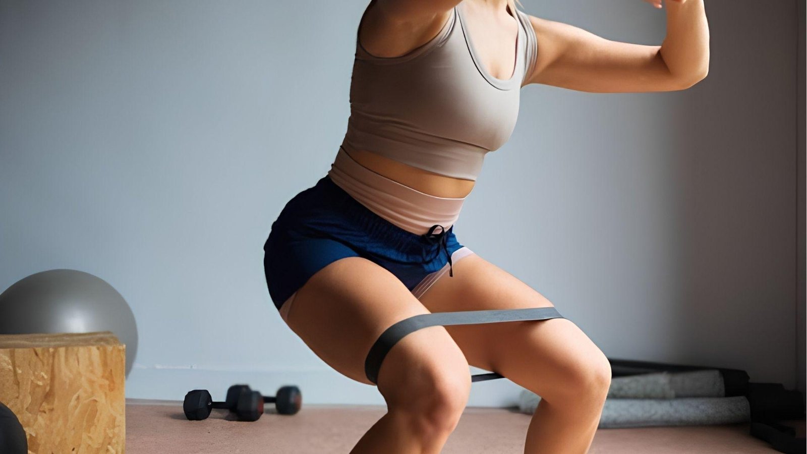 Woman doing resistance band squat to activate glute muscles at home