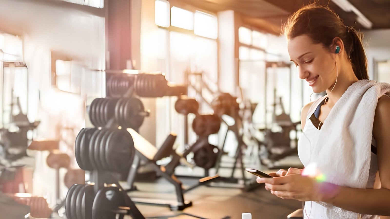 Woman in gym attire smiling while using her phone, with dumbbells and fitness equipment in a sunlit gym.